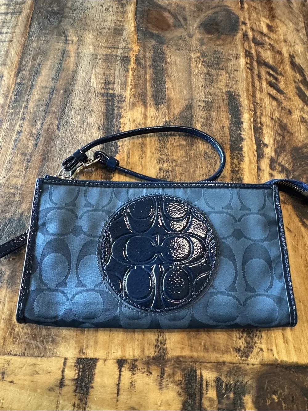 Coach Black Signature Wristlet with Gloss Logo Patch